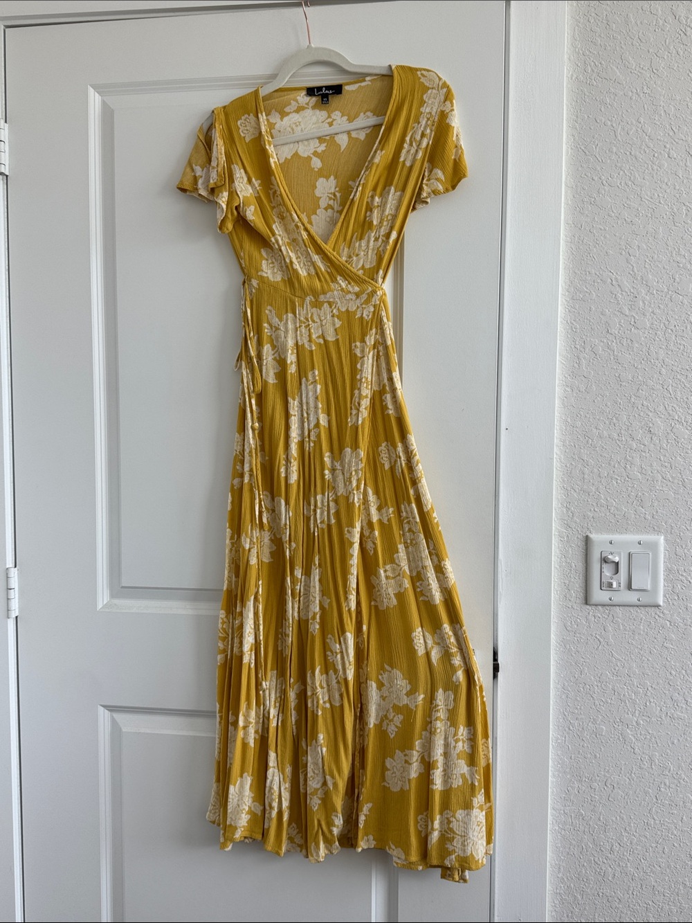 Lulu's Mustard Yellow Floral Wrap Maxi Dress with Cream Print